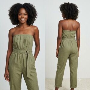 NWT Zara Womens Olive Green Linen Blend Strapless Belted Jumpsuit Size S